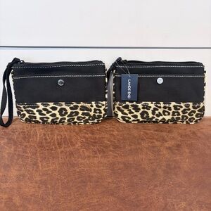 NWT Lands' End Black Leopard Canvas Wristlet Clutch Pouch Travel Chic Set of 2